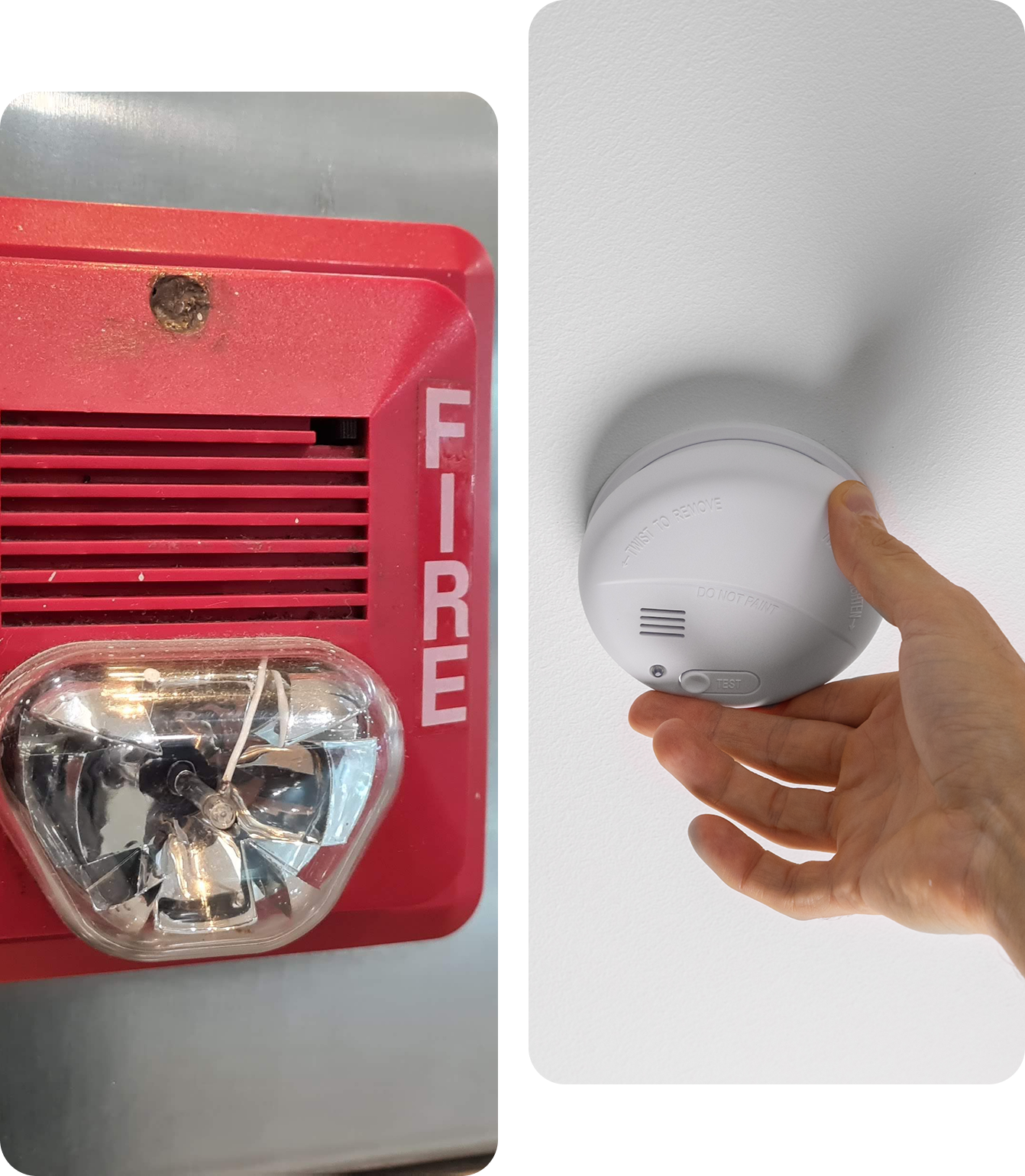 Group 1321316022 A fire alarm and someone 's hand is on the wall.
