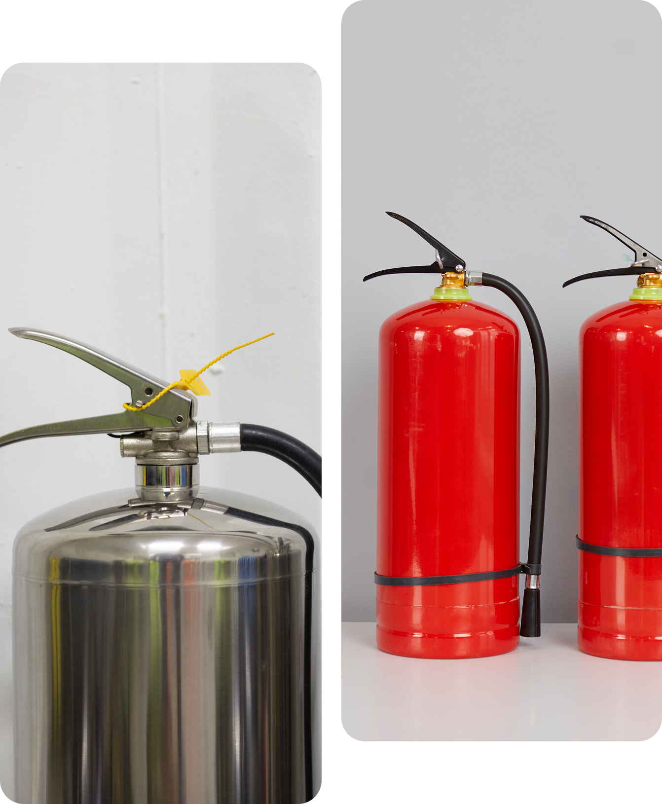 Two fire extinguishers are shown next to a silver extinguisher.