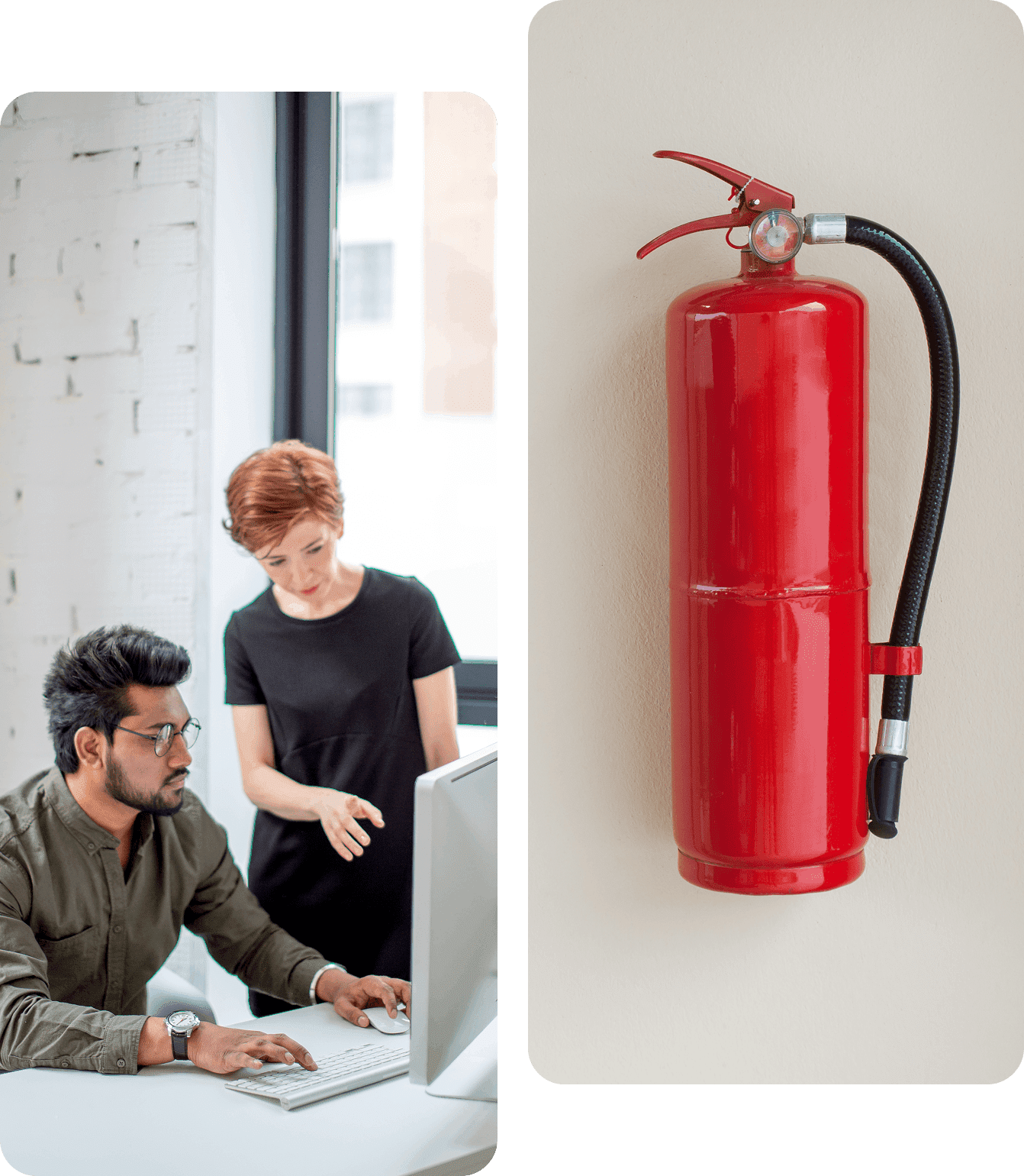 Group 1321316020 A fire extinguisher hanging on the wall next to two people.